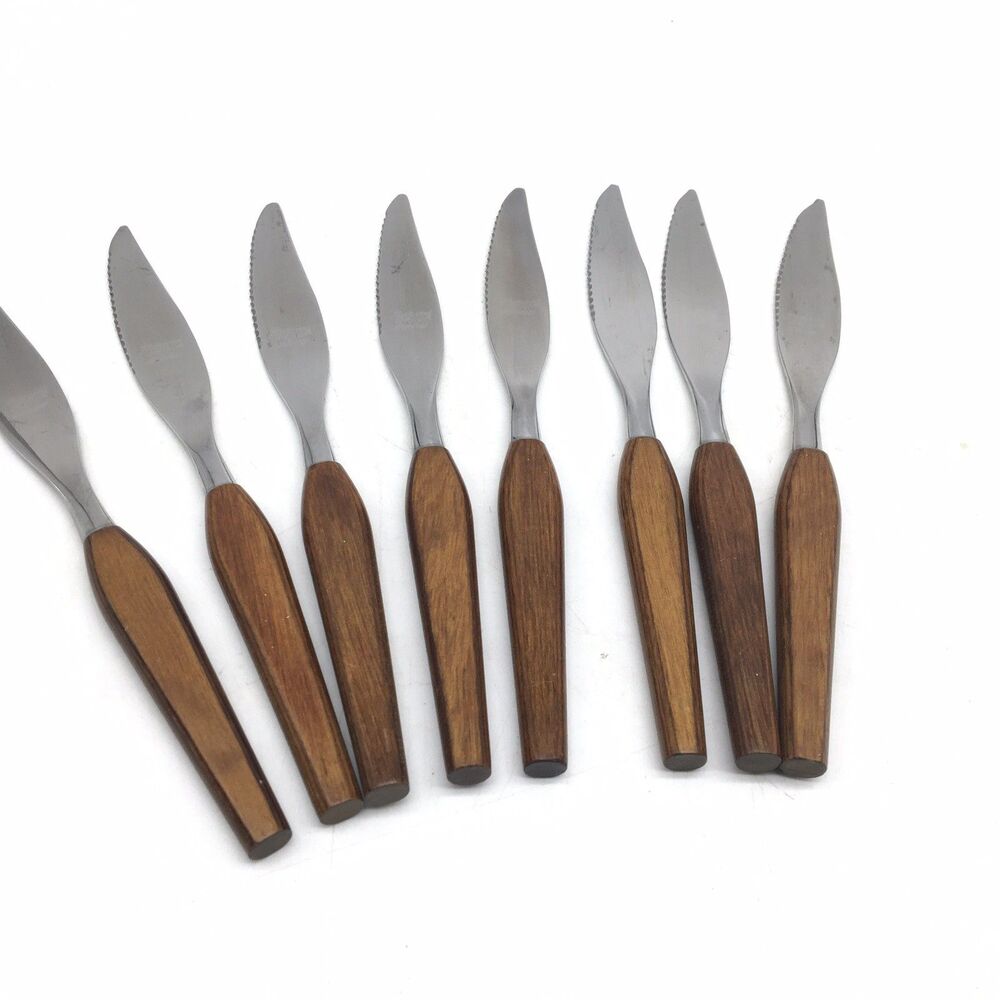 Vtg Fleetwood Designs FLT1 Wood Handle Serrated Steak Knives Set 8 Danish Modern